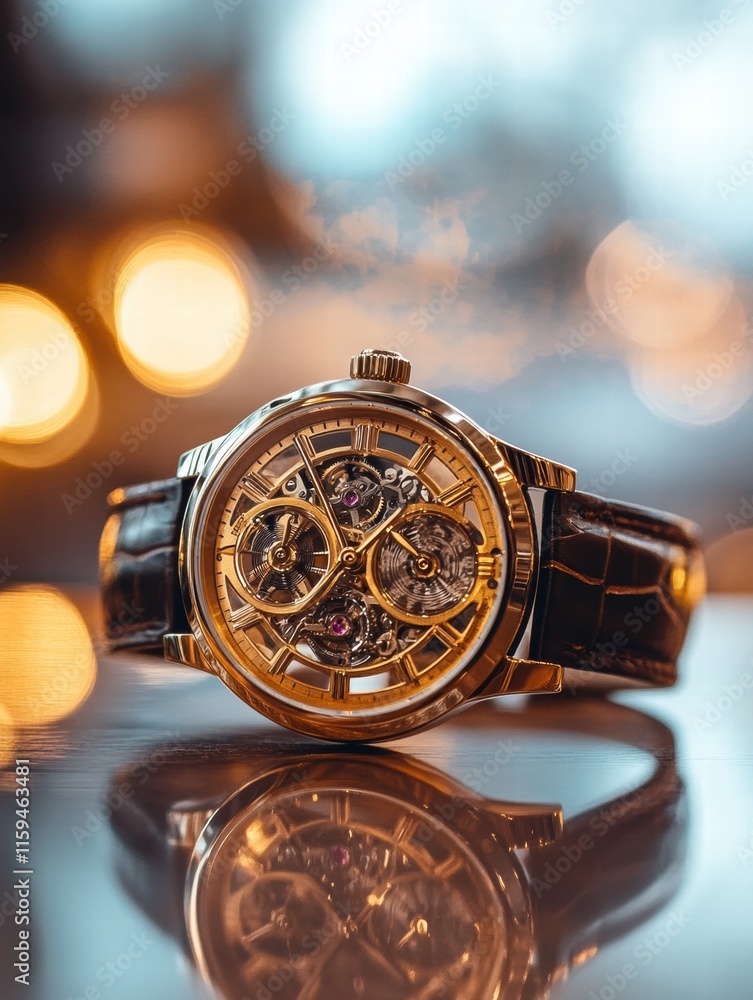 Poster luxury wristwatch with a golden frame displayed elegantly against a blurred background of warm light