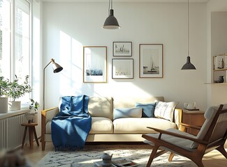 Modern and bright living room with a beige sofa and blue blanket, wooden armchair, and decorative posters on the white wall. Hanging lamps provide soft 