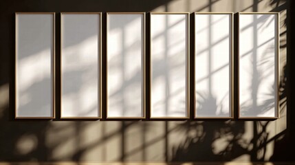 Five Empty Gold Frames on Dark Green Wall with Sunlight and Shadow