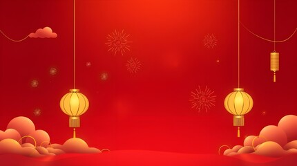 Minimalist Lunar New Year Background with Golden Lanterns, Fireworks, and Reunion Symbol on Red