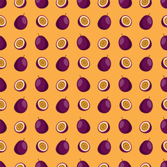 Passion Fruit flat seamless pattern on orange background. Wrapping paper, gift card, poster, banner design. Home decor, modern textile print. Summer bright geometric fruits patterned.