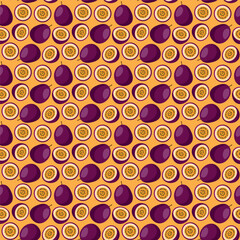 Passion Fruit flat seamless pattern on orange background. Wrapping paper, gift card, poster, banner design. Home decor, modern textile print. Summer bright geometric fruits patterned.