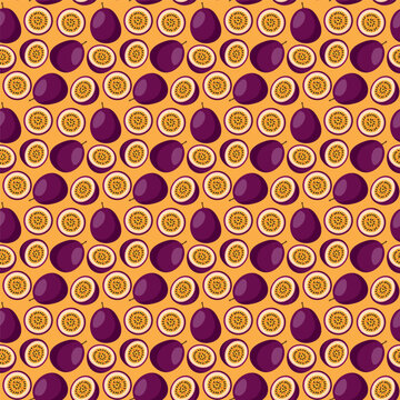 Passion Fruit flat seamless pattern on orange background. Wrapping paper, gift card, poster, banner design. Home decor, modern textile print. Summer bright geometric fruits patterned.