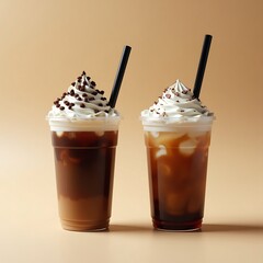 Hyper realistic 8K Close-Up of Two Iced Coffees – Black and Brown with Whipped Cream, Chocolate Shavings, and Cinematic Lighting on a Beige Background