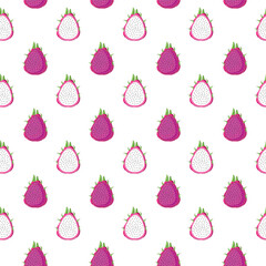 Dragon fruit flat seamless pattern on white background. Wrapping paper, gift card, poster, banner design. Home decor, modern textile print. Summer bright geometric fruits patterned.