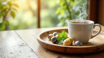 A tray with a cup of coffee and magnesium supplements placed on top of a wooden table against a blurred outdoor background.