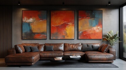 Modern Living Room Interior with Brown Leather Sectional Sofa and Abstract Art