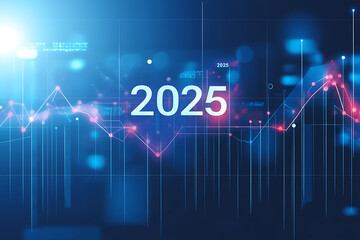 A glowing wireframe illustration of the text "2025" in the center of a transparent background, highlighted by intricate blue and black data points, symbolizing futuristic innovation and progress.

