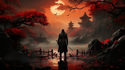 Fototapeta premium A samurai stands in a waterfall garden with swords on the ground.