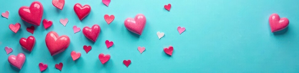Fototapeta premium Colorful conversation hearts scattered on turquoise blue background , colorful, dessert