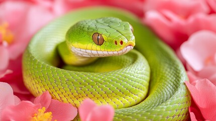 Obraz premium Green Tree Snake Coiled Among Pink Blossoms