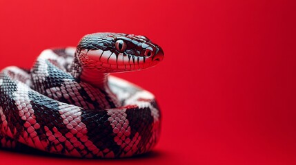 Obraz premium A black and white snake coiled on red background