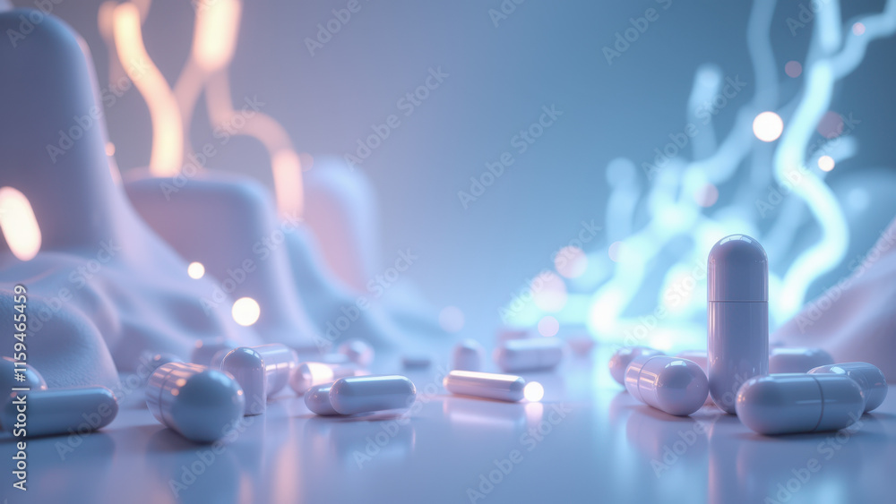 Poster magnesium capsules floating in a colorful illuminated liquid environment.