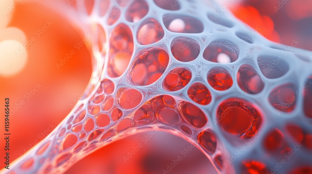 Poster abstract 3d render of a porous, network-like structure with glowing red background.