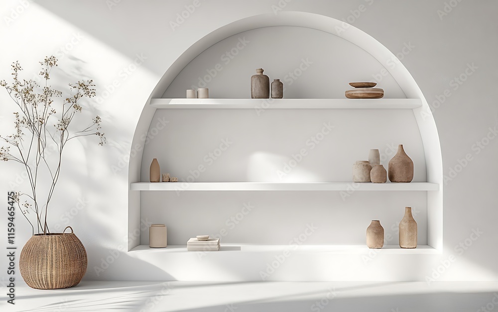 Poster modern arched shelf in a minimalist white room, showcasing symmetrical objects, creating a harmoniou