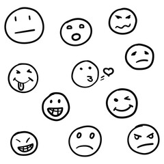 Doodle Emoji face icon set. Vector hand drawn emoticon characters. Cartoon comic symbol hand drawn isolated on white background.