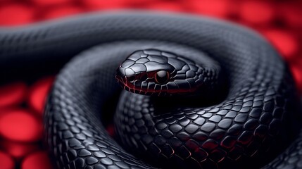 Fototapeta premium Black Snake Coiled Red Background Striking Pose