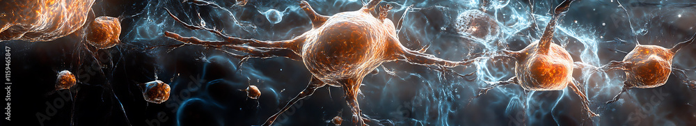 Poster microscopic view of neurons and synapses, showcasing intricate connections and vibrant colors, illus