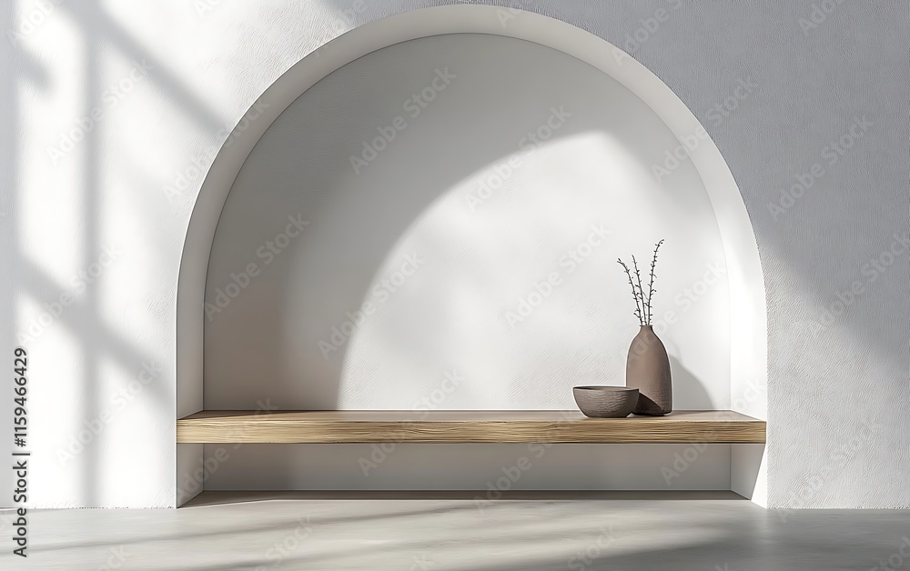 Poster modern arched shelf in a minimalist white room, showcasing symmetrical objects, creating a harmoniou