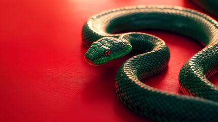 Obraz premium Green Snake Coiled on Red Background
