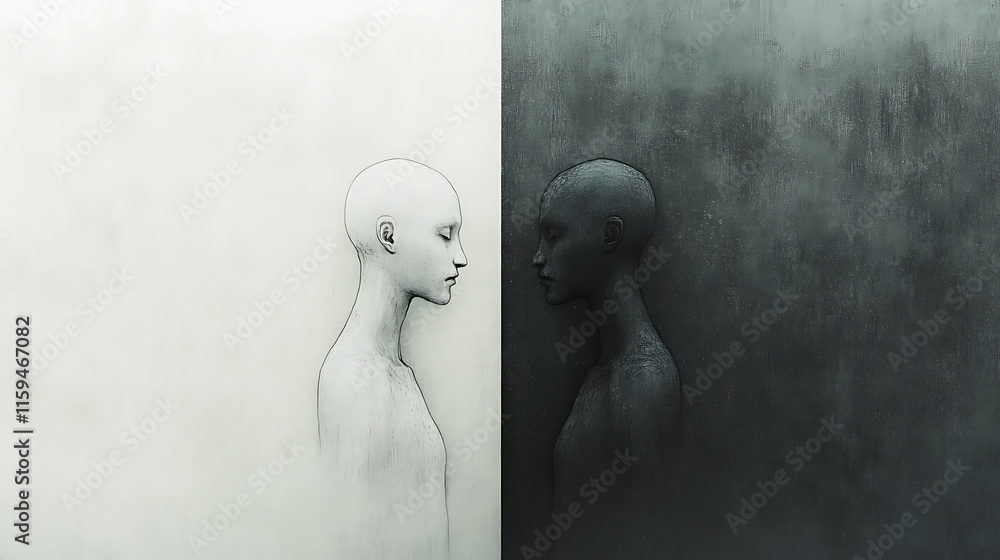 Poster minimalist artwork depicting two abstract figures, one in light and other in dark tones, symbolizing