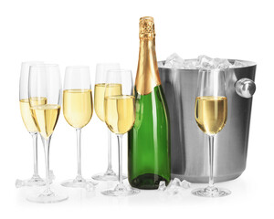 Champagne and bucket with ice isolated on white