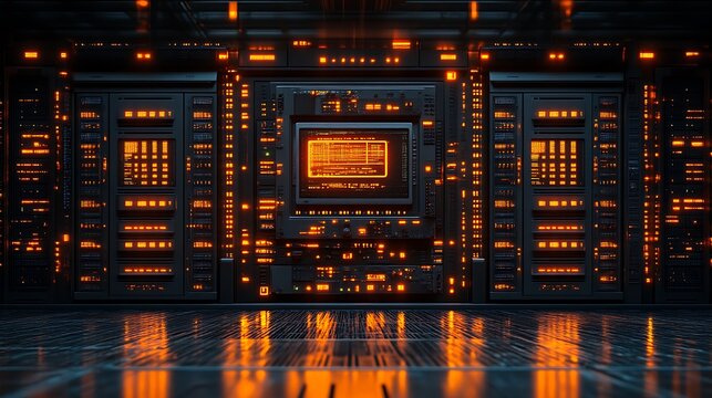 Futuristic server room with glowing orange displays.