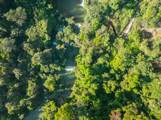 aerial view the beautiful sun shine on the mountain top of Thi Lor Su waterfall.the beautiful sun shine on the perfect forest of Thi Lor Su waterfall..the pristine beauty of Tak Thailand.