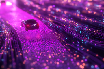 A glowing wireframe illustration of the text "2025" in the center of a transparent background, highlighted by intricate blue and black data points, symbolizing futuristic innovation and progress.

