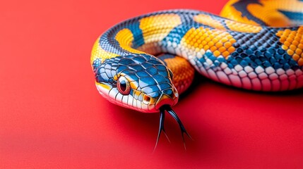 Naklejka premium Vibrant Blue Orange And White Snake On Red Background