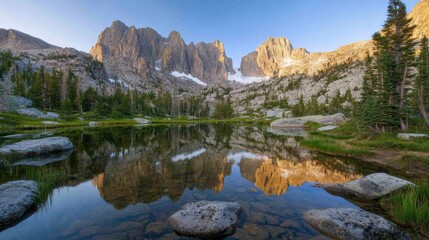 Scenic Mountain Lake Reflection in Soft Lighting