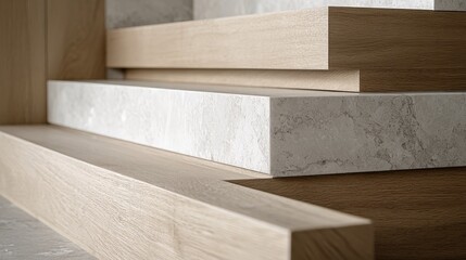 Close-up of modern staircase featuring wood and stone materials.