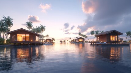 Fototapeta premium Scenic Oceanfront Wooden Cabanas at Sunset
