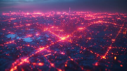 Cyberpunk city at night, glowing red lights.