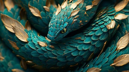Teal Serpent with Golden Scaled Feathers