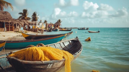 Obraz premium Scenic Village with Fishing Nets Drying by Ocean