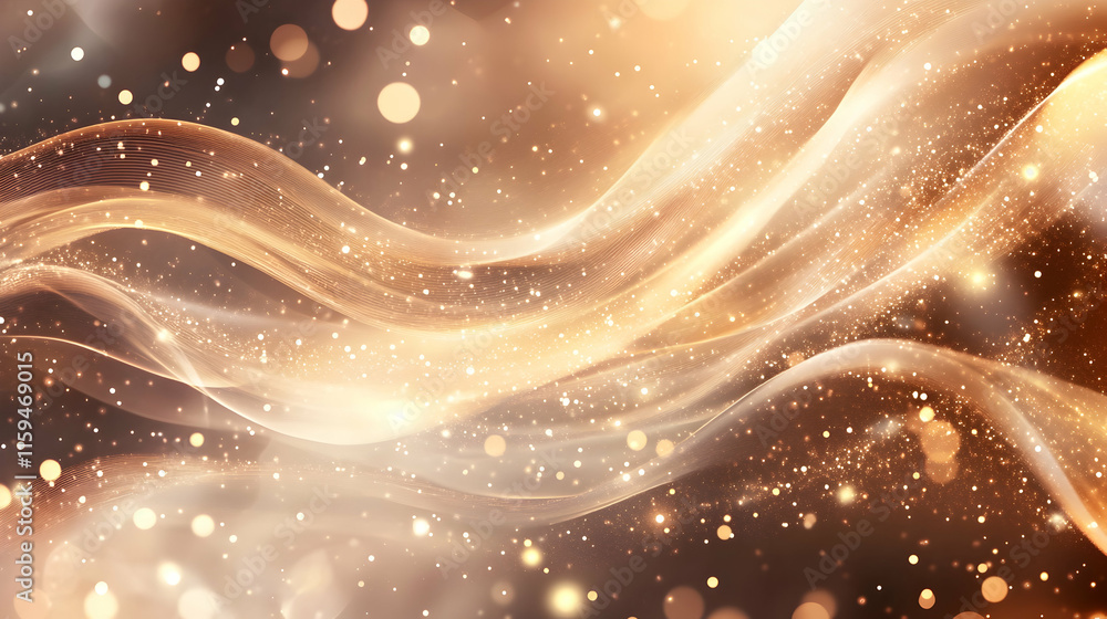 Poster whimsical mocha mousse color 2025 abstract background with flowing ribbons, floating particles and s