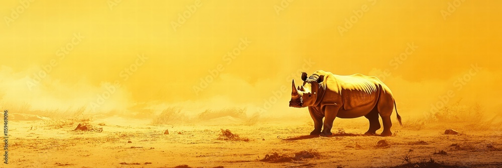 Aufkleber close up of a rhino in a barren savanna under a golden sky at dusk with space for text. generative a