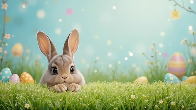Adorable easter bunny sits in a field of green grass surrounded by colorful easter eggs and white daisies, creating a cheerful and festive springtime scene.