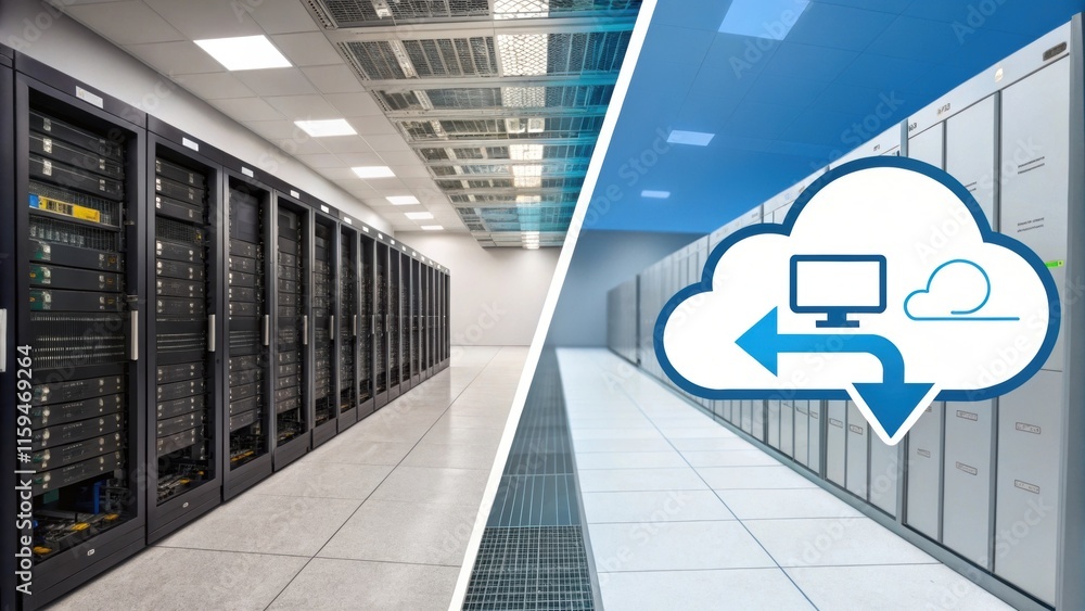 Poster modern server room transitioning to cloud computing, symbolizing data center modernization and migra