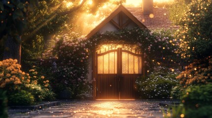Cottage-style country home with a garden gate, water drops creating a shimmering effect on plants, warm evening light, generative ai