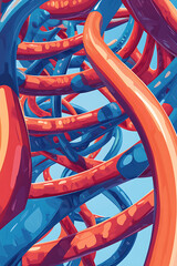A vibrant abstract depiction of intertwined red and blue tubes against a light background.