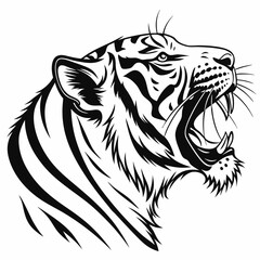 Black and white tiger face illustration designed in a bold tattoo style, showcasing intricate details and fierce expression. Perfect for tattoos, prints, and graphic projects.