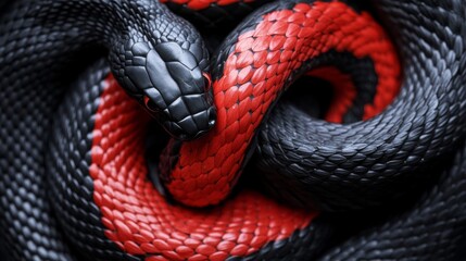Obraz premium Two Snakes Entwined Black and Red Scales