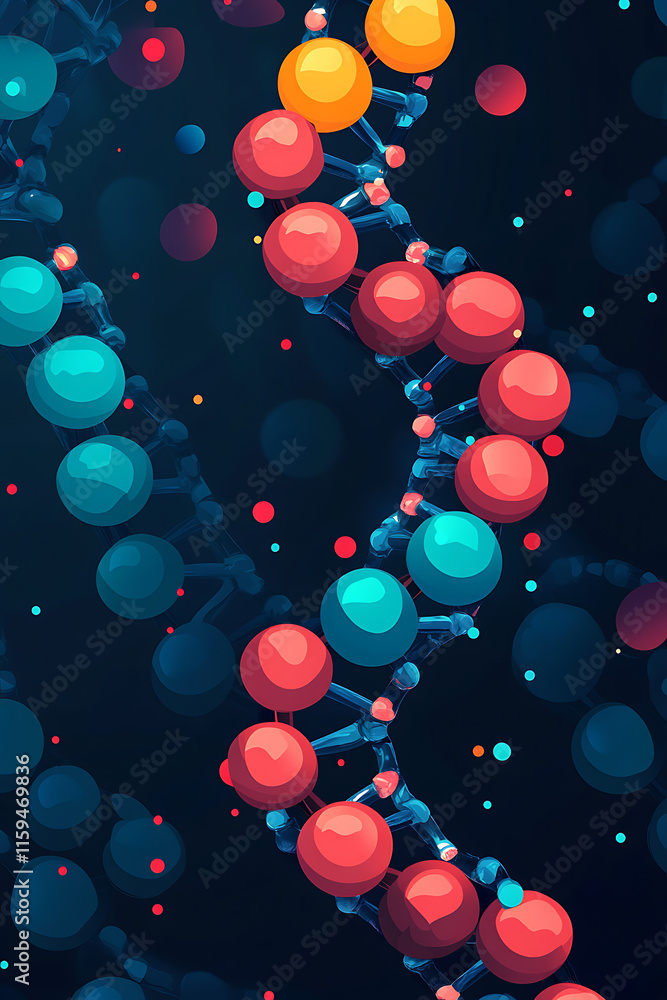 Poster abstract representation of dna strands with colorful molecular structures.