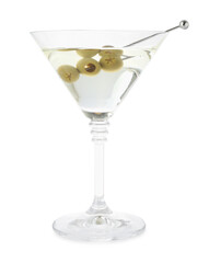Martini cocktail with olives in glass isolated on white