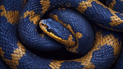 Obraz premium Blue And Gold Snake Coiled In A Circle