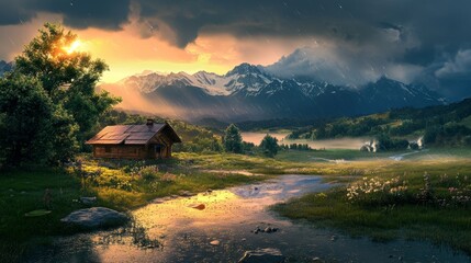 Country house by the mountains, water drops from a recent rainstorm, vibrant natural landscape, generative ai