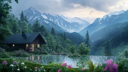 Country house by the mountains, water drops from a recent rainstorm, vibrant natural landscape, generative ai