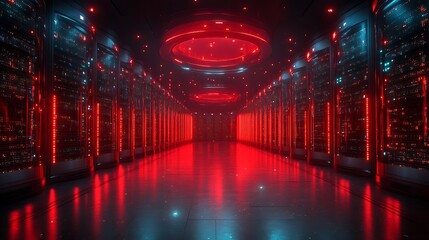 Red-lit server room, futuristic data center interior.
